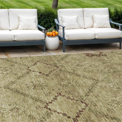 8' X 10' Brown Beige And Artichoke Green Floral Washable Indoor Outdoor Area Rug