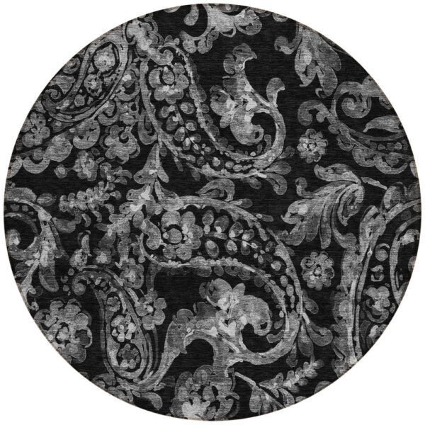 8' Black Gray And Charcoal Round Paisley Washable Indoor Outdoor Area Rug