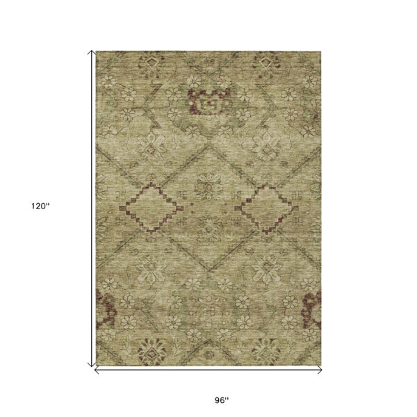 8' X 10' Brown Beige And Artichoke Green Floral Washable Indoor Outdoor Area Rug