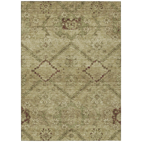 8' X 10' Brown Beige And Artichoke Green Floral Washable Indoor Outdoor Area Rug