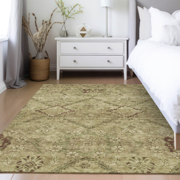 8' X 10' Brown Beige And Artichoke Green Floral Washable Indoor Outdoor Area Rug