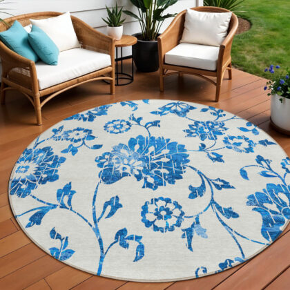 8' White And Denim Blue Round Floral Washable Indoor Outdoor Area Rug