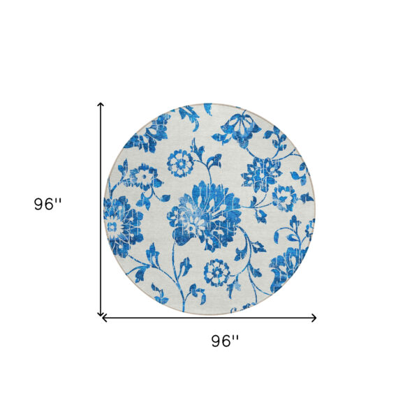8' White And Denim Blue Round Floral Washable Indoor Outdoor Area Rug