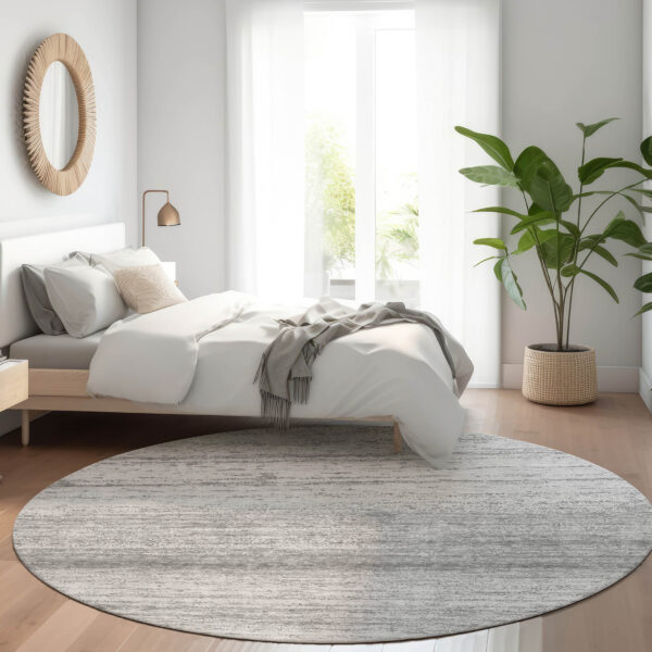 8' Gray And Silver Round Striped Washable Indoor Outdoor Area Rug