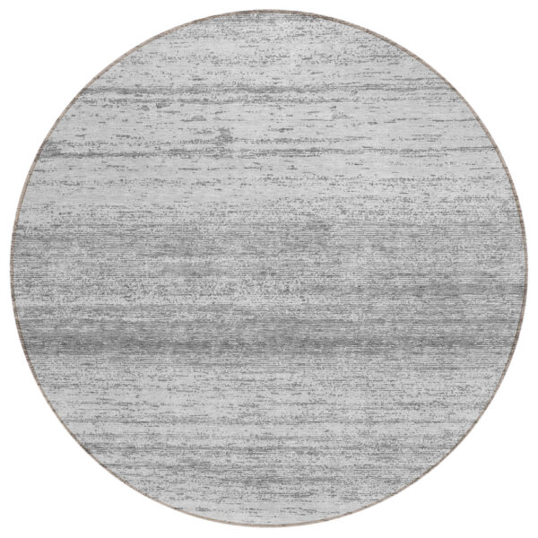 8' Gray And Silver Round Striped Washable Indoor Outdoor Area Rug