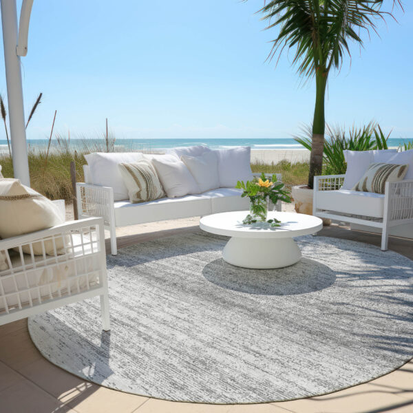 8' Gray And Silver Round Striped Washable Indoor Outdoor Area Rug