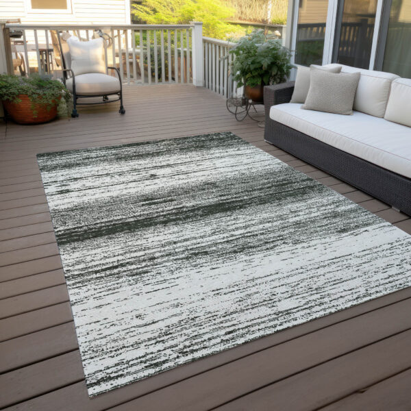 9' X 12' Black Ivory And Gray Striped Washable Indoor Outdoor Area Rug