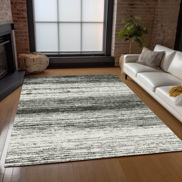 9' X 12' Black Ivory And Gray Striped Washable Indoor Outdoor Area Rug
