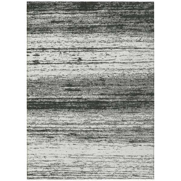 9' X 12' Black Ivory And Gray Striped Washable Indoor Outdoor Area Rug