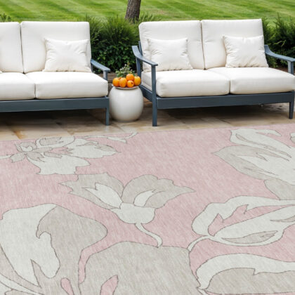 10' X 14' Pink Ivory And Beige Floral Washable Indoor Outdoor Area Rug