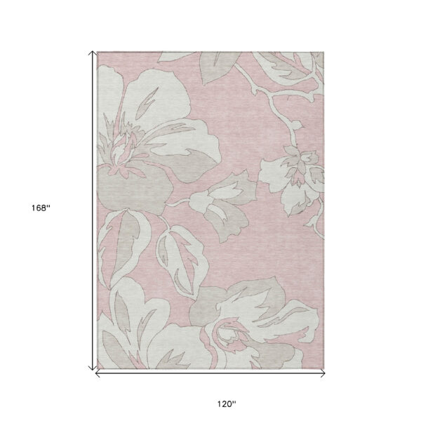 10' X 14' Pink Ivory And Beige Floral Washable Indoor Outdoor Area Rug