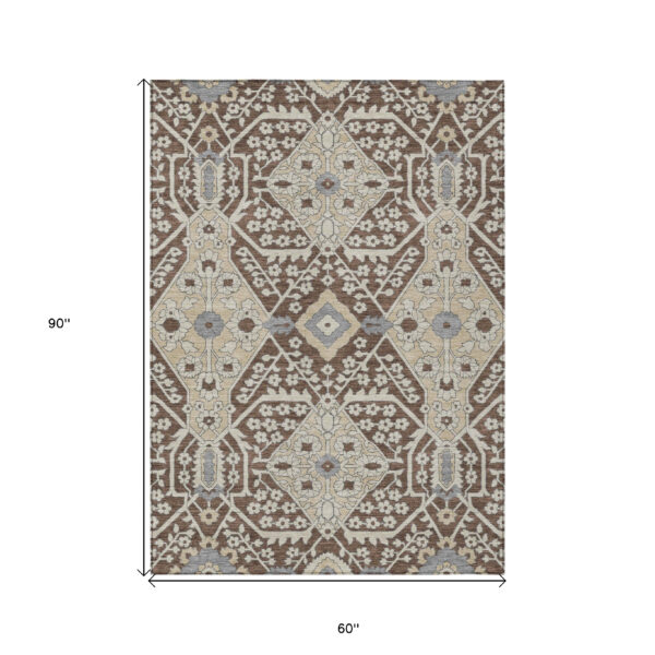 5' X 8' Chocolate Gray And Beige Floral Washable Indoor Outdoor Area Rug