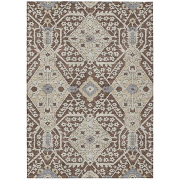 5' X 8' Chocolate Gray And Beige Floral Washable Indoor Outdoor Area Rug