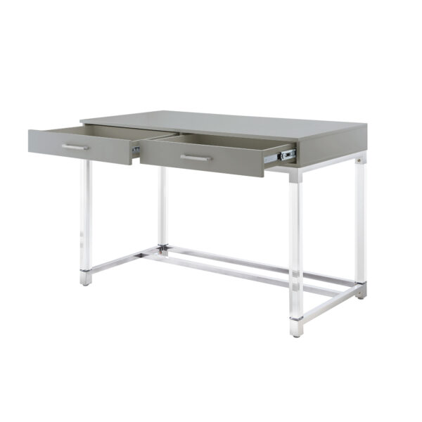 48" Light Gray Clear and Silver Wood Acrylic and Stainless Steel Writing Desk With Two Drawers