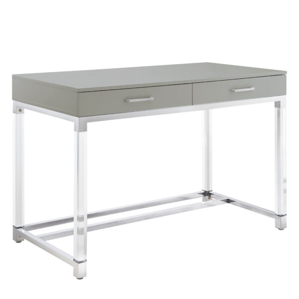 48" Light Gray Clear and Silver Wood Acrylic and Stainless Steel Writing Desk With Two Drawers