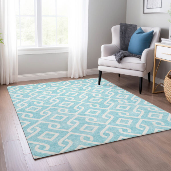 8' X 10' Aqua And Ivory Geometric Washable Indoor Outdoor Area Rug