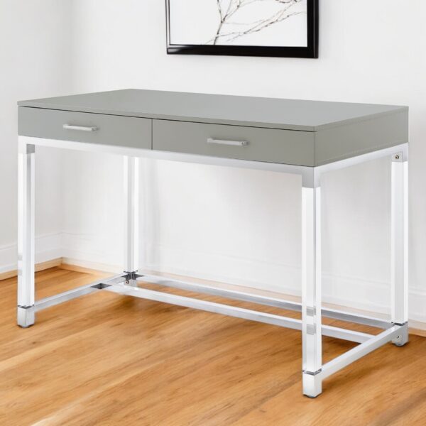 48" Light Gray Clear and Silver Wood Acrylic and Stainless Steel Writing Desk With Two Drawers