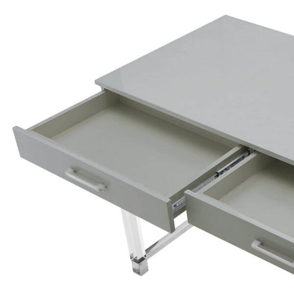 48" Light Gray Clear and Silver Wood Acrylic and Stainless Steel Writing Desk With Two Drawers