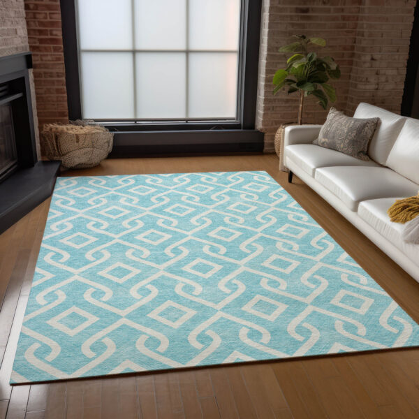 8' X 10' Aqua And Ivory Geometric Washable Indoor Outdoor Area Rug