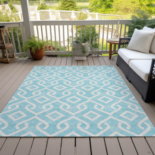 8' X 10' Aqua And Ivory Geometric Washable Indoor Outdoor Area Rug