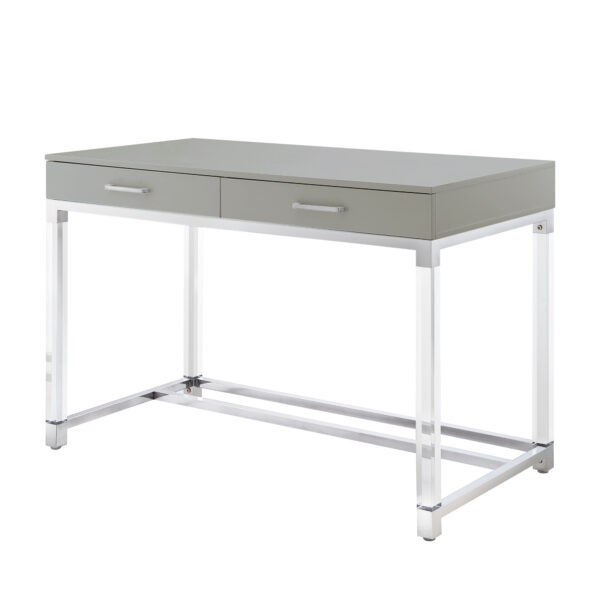 48" Light Gray Clear and Silver Wood Acrylic and Stainless Steel Writing Desk With Two Drawers