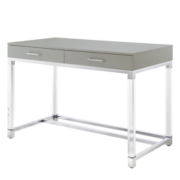 48" Light Gray Clear and Silver Wood Acrylic and Stainless Steel Writing Desk With Two Drawers
