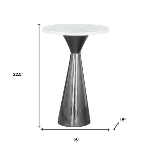 23" White And Black Marble And Steel Round Pedestal End Table