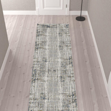 10' Gray and Gold Abstract Power Loom Runner Rug