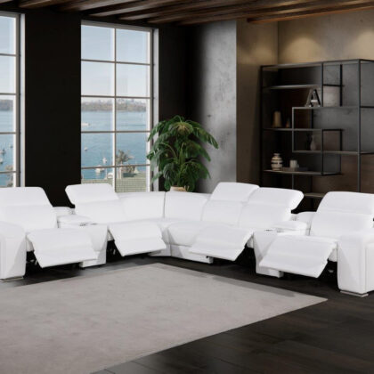 White Italian Leather Power Reclining Curved Eight Piece Corner Sectional With Console