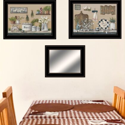 Set Of Three Farmhouse Kitchen 2 Black Framed Print Kitchen Wall Art with Mirror