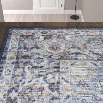 10' Blue and Ivory Floral Power Loom Distressed Washable Runner Rug