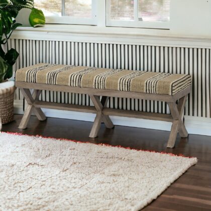16" Beige And Brown Upholstered Cotton Blend Bench