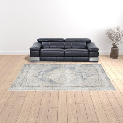 9' X 12' Light Blue Oriental Power Loom Distressed Area Rug