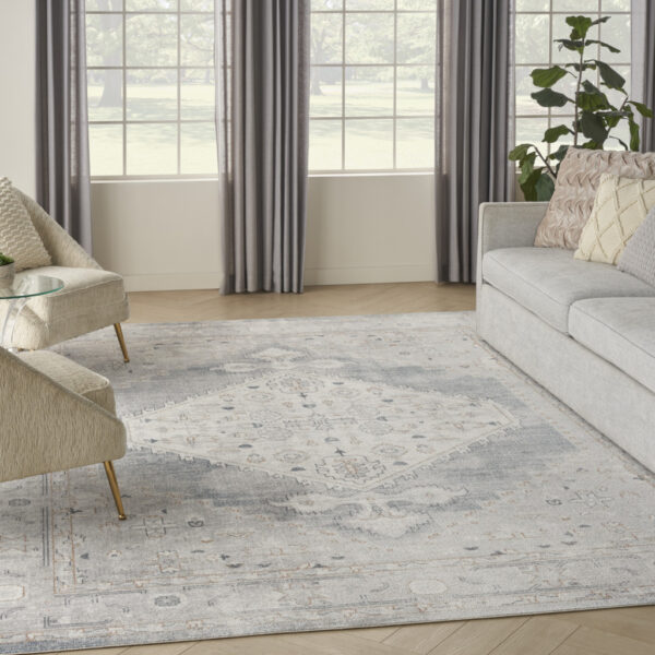 9' X 12' Light Blue Oriental Power Loom Distressed Area Rug