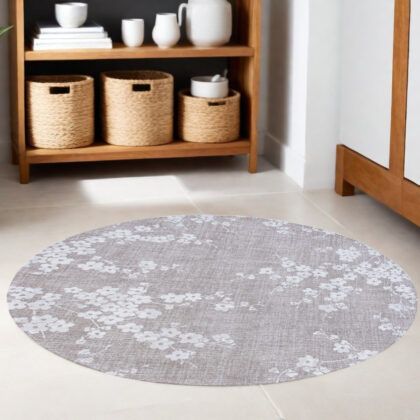 5' Gray and White Round Oriental Non Skid Area Rug