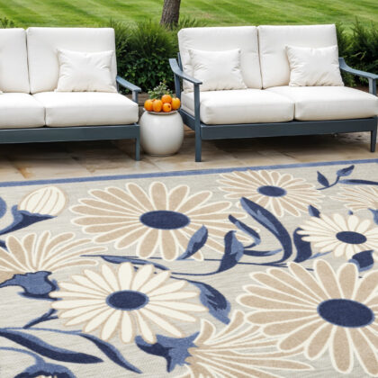 8' X 11' Blue and Gray Floral Non Skid Indoor Outdoor Area Rug