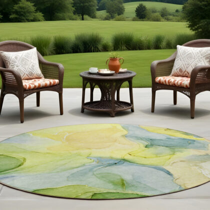 8' Round Yellow Round Abstract Washable Non Skid Indoor Outdoor Area Rug