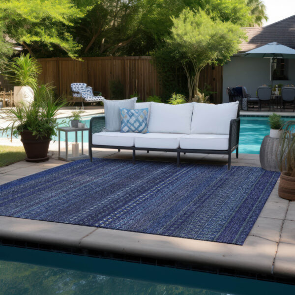 9' X 12' Navy Blue Striped Washable Non Skid Indoor Outdoor Area Rug
