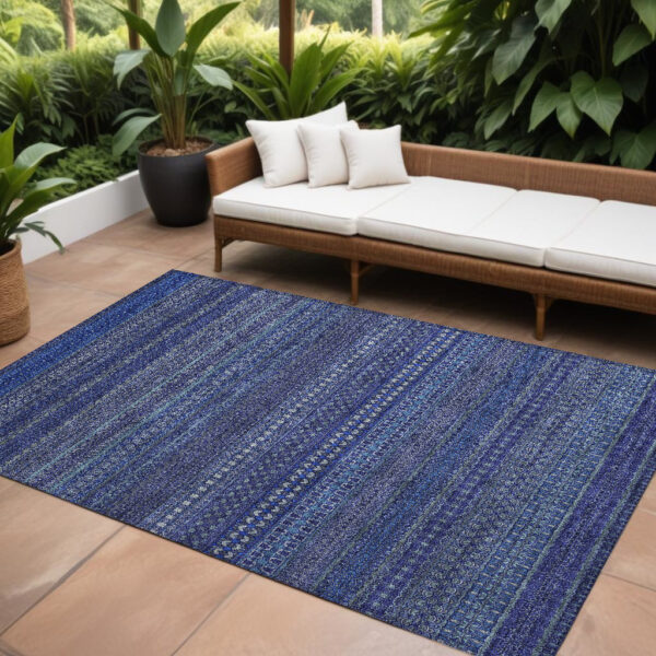 9' X 12' Navy Blue Striped Washable Non Skid Indoor Outdoor Area Rug