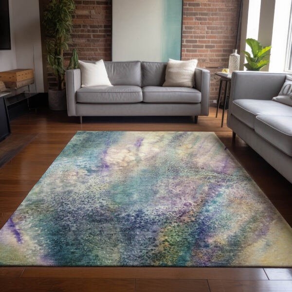 8' X 10' Beige Blue and Gray Abstract Washable Non Skid Indoor Outdoor Area Rug