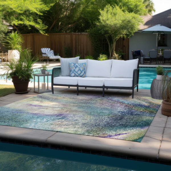 8' X 10' Beige Blue and Gray Abstract Washable Non Skid Indoor Outdoor Area Rug