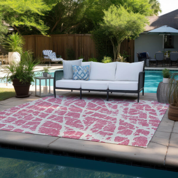 3' X 5' Pink and Ivory Abstract Washable Non Skid Indoor Outdoor Area Rug