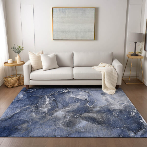 5' X 8' Blue and Gray Abstract Washable Non Skid Indoor Outdoor Area Rug