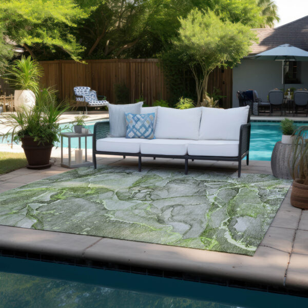5' X 8' Green Abstract Washable Non Skid Indoor Outdoor Area Rug
