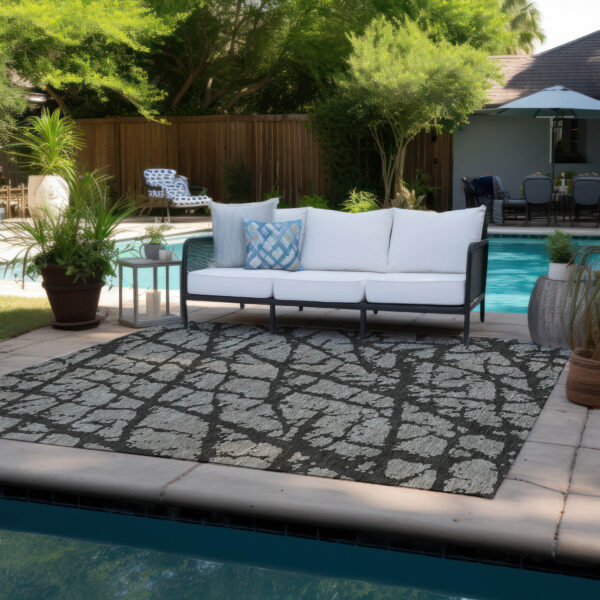 5' X 8' Gray and Black Abstract Washable Non Skid Indoor Outdoor Area Rug