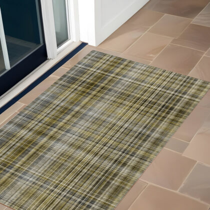 2' X 3' Green Beige and Gray Plaid Washable Non Skid Indoor Outdoor Area Rug