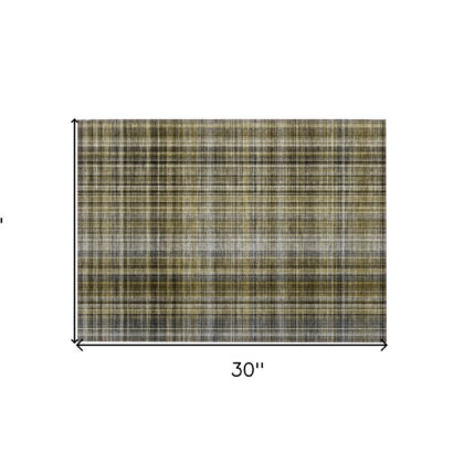 2' X 3' Green Beige and Gray Plaid Washable Non Skid Indoor Outdoor Area Rug