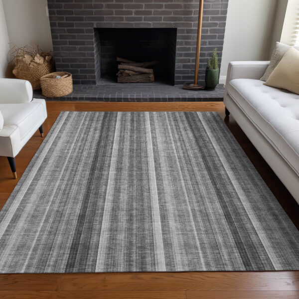 3' X 5' Gray Striped Washable Non Skid Indoor Outdoor Area Rug