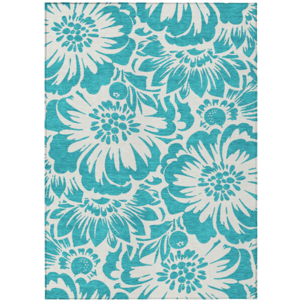 3' X 5' Teal and Ivory Floral Washable Non Skid Indoor Outdoor Area Rug