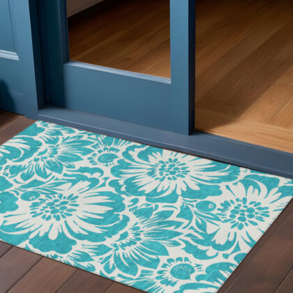 3' X 5' Teal and Ivory Floral Washable Non Skid Indoor Outdoor Area Rug